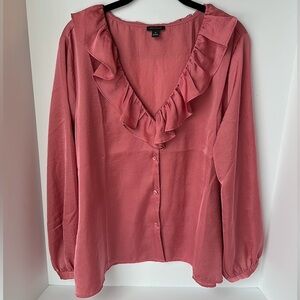 Ann Taylor Satin Ruffled V Neck Poets Blouse Dusty Pink Desert Rose Long Sleeve